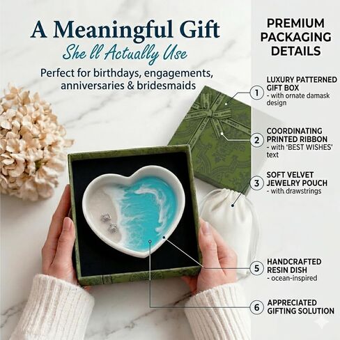 Coastal Decor Ring Dish, Handmade Resin Heart Shaped Ocean Trinket Holder with Sea Turtle & Beach Design, Jewelry Storage for Rings Earrings, Great Engagement & Birthday Gifts for Couples & Women in Saudi Arabia