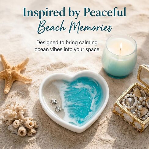Coastal Decor Ring Dish, Handmade Resin Heart Shaped Ocean Trinket Holder with Sea Turtle & Beach Design, Jewelry Storage for Rings Earrings, Great Engagement & Birthday Gifts for Couples & Women in Saudi Arabia