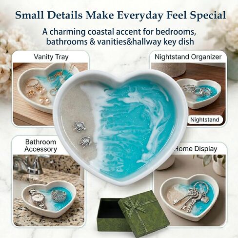 Coastal Decor Ring Dish, Handmade Resin Heart Shaped Ocean Trinket Holder with Sea Turtle & Beach Design, Jewelry Storage for Rings Earrings, Great Engagement & Birthday Gifts for Couples & Women in Saudi Arabia