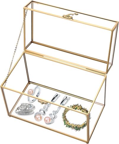 MYFULLY Vintage Gold Glass Jewelry Box, 10" x 5.7" x 7.8" Rectangular Keepsake Box with Hinged Lid, Large Capacity Organizer for Rings, Earrings, Bracelets, Necklaces, Vanity Storage and Home Decor in Saudi Arabia