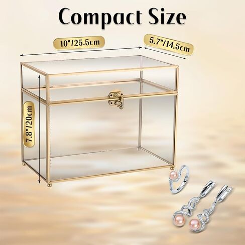 MYFULLY Vintage Gold Glass Jewelry Box, 10" x 5.7" x 7.8" Rectangular Keepsake Box with Hinged Lid, Large Capacity Organizer for Rings, Earrings, Bracelets, Necklaces, Vanity Storage and Home Decor in Saudi Arabia