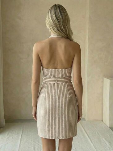 Women's Elegant Striped Halter Dress Old Money Belted Deep V Neck Sleeveless Cocktail Party Short Dresses in Kuwait