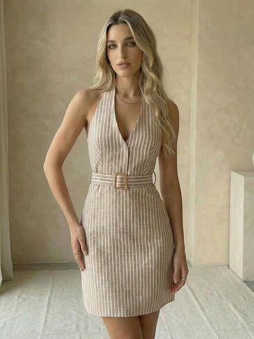 Women's Elegant Striped Halter Dress Old Money Belted Deep V Neck Sleeveless Cocktail Party Short Dresses in Kuwait