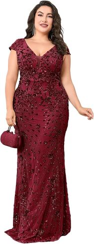 Plus Size V-Neck Wedding Guest Maxi Dress with Cap Sleeve, Sequin Embroidered Mermaid Evening Gown for Party & Prom in Saudi Arabia