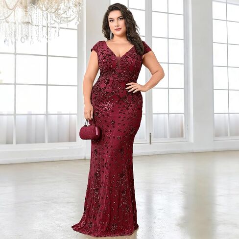 Plus Size V-Neck Wedding Guest Maxi Dress with Cap Sleeve, Sequin Embroidered Mermaid Evening Gown for Party & Prom in Saudi Arabia