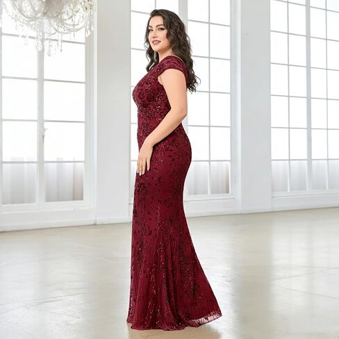 Plus Size V-Neck Wedding Guest Maxi Dress with Cap Sleeve, Sequin Embroidered Mermaid Evening Gown for Party & Prom in Saudi Arabia