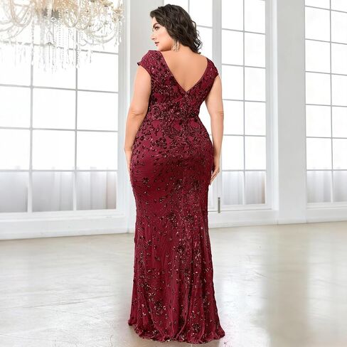 Plus Size V-Neck Wedding Guest Maxi Dress with Cap Sleeve, Sequin Embroidered Mermaid Evening Gown for Party & Prom in Saudi Arabia