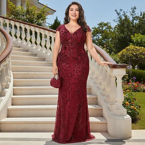 Plus Size V-Neck Wedding Guest Maxi Dress with Cap Sleeve, Sequin Embroidered Mermaid Evening Gown for Party & Prom in Saudi Arabia