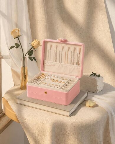 Jewelry Box for Women Girls Pink Jewelry Organizer 2-Layer PU Leather Jewelry Storage Case for Earrings Rings Necklace Jewelry Holder Case Gift (Pink) in Saudi Arabia