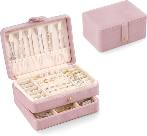Jewelry Box for Women Girls Pink Jewelry Organizer 2-Layer PU Leather Jewelry Storage Case for Earrings Rings Necklace Jewelry Holder Case Gift (Pink) in Saudi Arabia