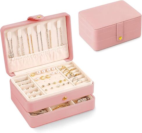 Jewelry Box for Women Girls Pink Jewelry Organizer 2-Layer PU Leather Jewelry Storage Case for Earrings Rings Necklace Jewelry Holder Case Gift (Pink) in Saudi Arabia