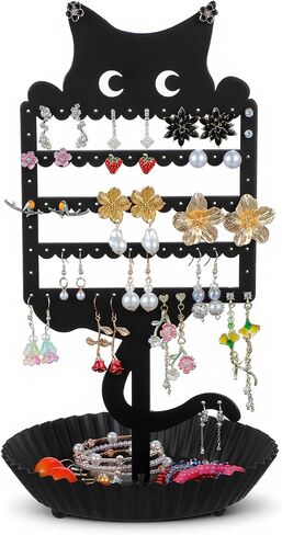 Cat Earring Holder Organizer Stand, Black Metal Jewelry Display Rack with Multiple Holes Hooks for Studs, Hoops, Necklaces, Bracelets, Rings, Cute Cat-Shaped Vanity Earring Tree for Girls in Saudi Arabia