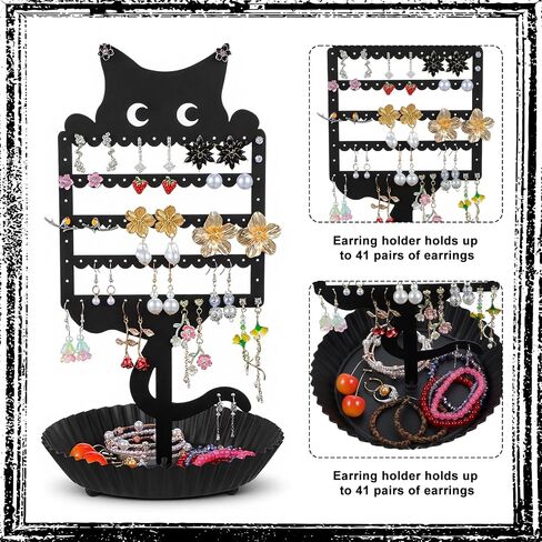 Cat Earring Holder Organizer Stand, Black Metal Jewelry Display Rack with Multiple Holes Hooks for Studs, Hoops, Necklaces, Bracelets, Rings, Cute Cat-Shaped Vanity Earring Tree for Girls in Saudi Arabia