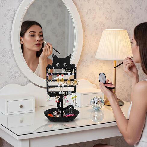 Cat Earring Holder Organizer Stand, Black Metal Jewelry Display Rack with Multiple Holes Hooks for Studs, Hoops, Necklaces, Bracelets, Rings, Cute Cat-Shaped Vanity Earring Tree for Girls in Saudi Arabia