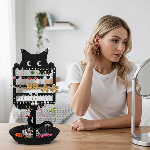 Cat Earring Holder Organizer Stand, Black Metal Jewelry Display Rack with Multiple Holes Hooks for Studs, Hoops, Necklaces, Bracelets, Rings, Cute Cat-Shaped Vanity Earring Tree for Girls in Saudi Arabia