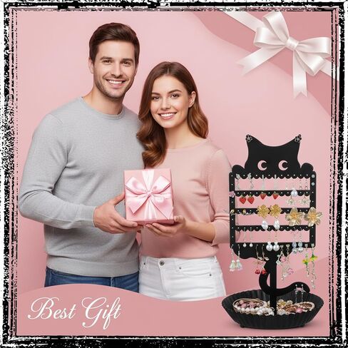 Cat Earring Holder Organizer Stand, Black Metal Jewelry Display Rack with Multiple Holes Hooks for Studs, Hoops, Necklaces, Bracelets, Rings, Cute Cat-Shaped Vanity Earring Tree for Girls in Saudi Arabia