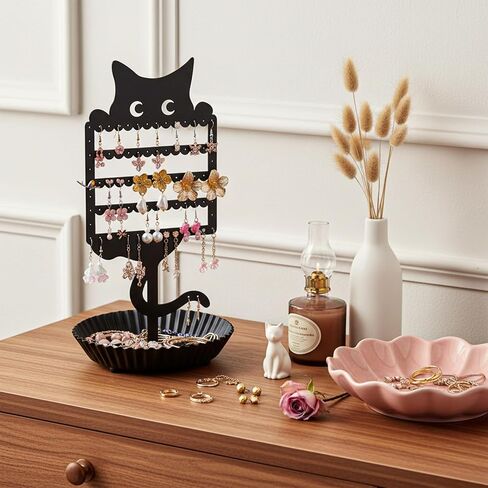 Cat Earring Holder Organizer Stand, Black Metal Jewelry Display Rack with Multiple Holes Hooks for Studs, Hoops, Necklaces, Bracelets, Rings, Cute Cat-Shaped Vanity Earring Tree for Girls in Saudi Arabia
