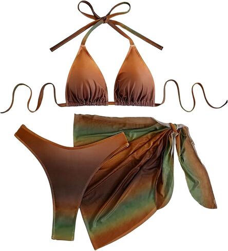 MAKEMECHIC Women's Plus Size Tie Dye 3 Piece Bikini Set Halter Triangle Tie Back Swimsuit with Cover Up Sarong in Kuwait
