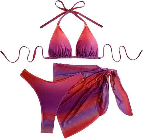 MAKEMECHIC Women's Plus Size Tie Dye 3 Piece Bikini Set Halter Triangle Tie Back Swimsuit with Cover Up Sarong in Kuwait