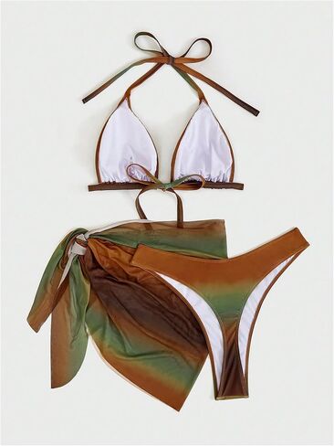 MAKEMECHIC Women's Plus Size Tie Dye 3 Piece Bikini Set Halter Triangle Tie Back Swimsuit with Cover Up Sarong in Kuwait