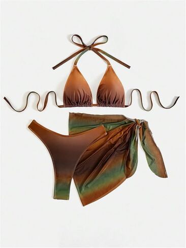 MAKEMECHIC Women's Plus Size Tie Dye 3 Piece Bikini Set Halter Triangle Tie Back Swimsuit with Cover Up Sarong in Kuwait