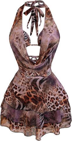 GORGLITTER Women's 4 Piece Leopard Print Swim Suits High Cut Halter Triangle Cheeky Bikini with Cover Up Sets in Kuwait