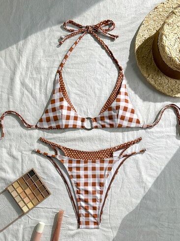SHENHE Women's Gingham Polka Dots Bikini Set Y2k High Cut Thong Triangle Halter Swimsuits in Kuwait