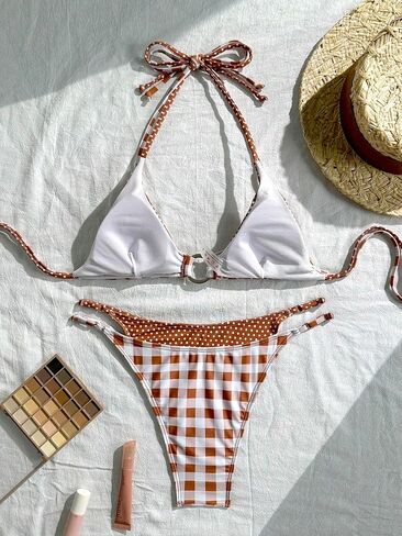 SHENHE Women's Gingham Polka Dots Bikini Set Y2k High Cut Thong Triangle Halter Swimsuits in Kuwait
