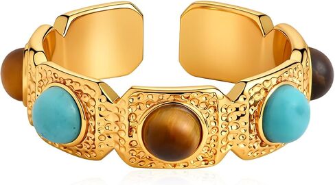 Boho Turquoise and Tiger Eye Stone Open Chunky Rings for Women with 14K Gold Plated Rings Vintage Cowgirl Jewelry in Saudi Arabia