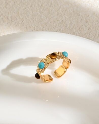 Boho Turquoise and Tiger Eye Stone Open Chunky Rings for Women with 14K Gold Plated Rings Vintage Cowgirl Jewelry in Saudi Arabia