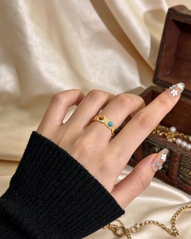 Boho Turquoise and Tiger Eye Stone Open Chunky Rings for Women with 14K Gold Plated Rings Vintage Cowgirl Jewelry in Saudi Arabia