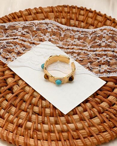 Boho Turquoise and Tiger Eye Stone Open Chunky Rings for Women with 14K Gold Plated Rings Vintage Cowgirl Jewelry in Saudi Arabia