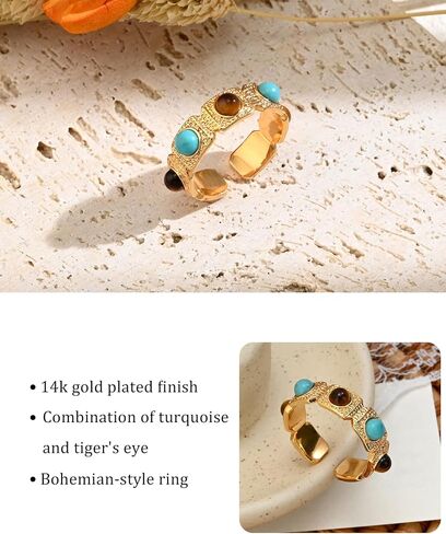 Boho Turquoise and Tiger Eye Stone Open Chunky Rings for Women with 14K Gold Plated Rings Vintage Cowgirl Jewelry in Saudi Arabia