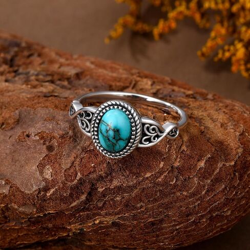 Real Turquoise Rings for Women 925 Sterling Silver Genuine Gemstones Oval Turquoise Navajo Ring Boho Jewelry Gift for Women Birthday in Kuwait