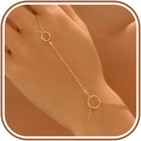 LOVECOM 14K Gold Plated 925 Sterling Silver Hand Chain Bracelet for Women Dainty Adjustable Finger Ring Bracelet Hypoallergenic Hand Harness Minimalist Circle Slave Bracelet Jewelry Gifts in Saudi Arabia