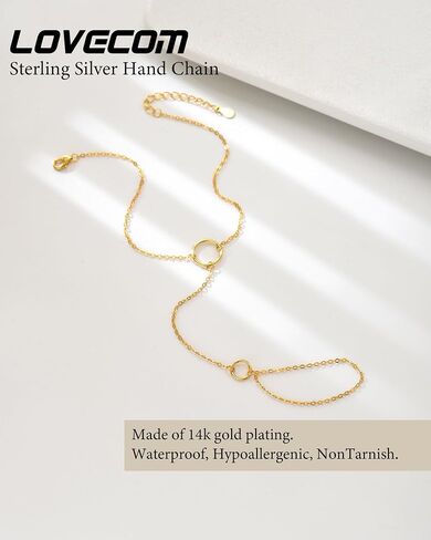 LOVECOM 14K Gold Plated 925 Sterling Silver Hand Chain Bracelet for Women Dainty Adjustable Finger Ring Bracelet Hypoallergenic Hand Harness Minimalist Circle Slave Bracelet Jewelry Gifts in Saudi Arabia