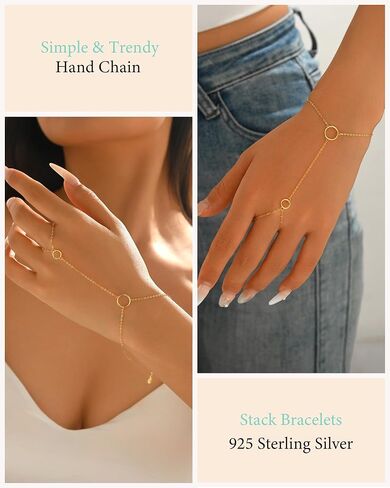 LOVECOM 14K Gold Plated 925 Sterling Silver Hand Chain Bracelet for Women Dainty Adjustable Finger Ring Bracelet Hypoallergenic Hand Harness Minimalist Circle Slave Bracelet Jewelry Gifts in Saudi Arabia
