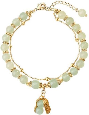14K Gold Jade Bracelets with Bell,Stunning Moissanite Leaf Jade Bracelet for Women - Elegant Jewelry Gift for Mother, Wife in Saudi Arabia