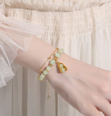 14K Gold Jade Bracelets with Bell,Stunning Moissanite Leaf Jade Bracelet for Women - Elegant Jewelry Gift for Mother, Wife in Saudi Arabia