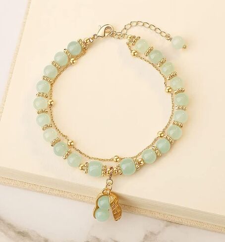 14K Gold Jade Bracelets with Bell,Stunning Moissanite Leaf Jade Bracelet for Women - Elegant Jewelry Gift for Mother, Wife in Saudi Arabia