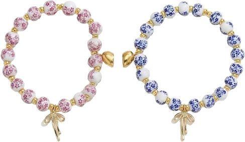 Matching Bow Bracelets for Friends, Blue and Pink Porcelain Design, Friendship Bracelet Set for Two, Elegant Couple Accessories in Saudi Arabia