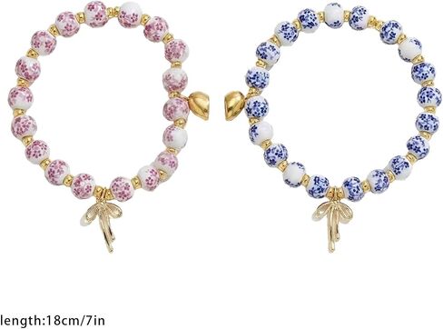 Matching Bow Bracelets for Friends, Blue and Pink Porcelain Design, Friendship Bracelet Set for Two, Elegant Couple Accessories in Saudi Arabia