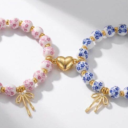 Matching Bow Bracelets for Friends, Blue and Pink Porcelain Design, Friendship Bracelet Set for Two, Elegant Couple Accessories in Saudi Arabia