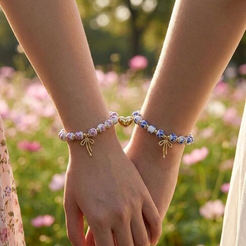 Matching Bow Bracelets for Friends, Blue and Pink Porcelain Design, Friendship Bracelet Set for Two, Elegant Couple Accessories in Saudi Arabia