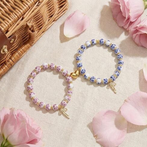 Matching Bow Bracelets for Friends, Blue and Pink Porcelain Design, Friendship Bracelet Set for Two, Elegant Couple Accessories in Saudi Arabia