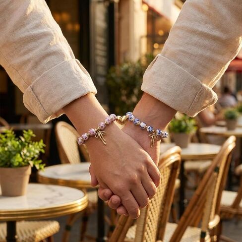 Matching Bow Bracelets for Friends, Blue and Pink Porcelain Design, Friendship Bracelet Set for Two, Elegant Couple Accessories in Saudi Arabia