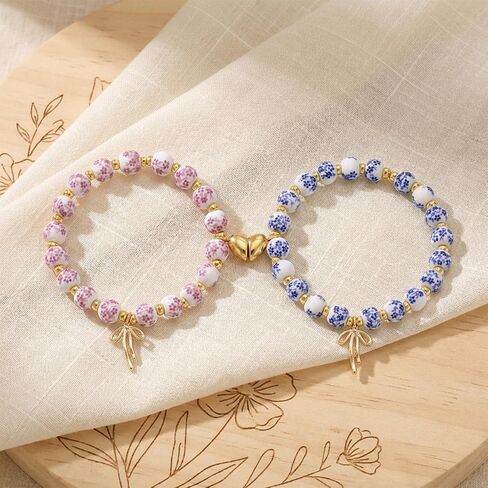 Matching Bow Bracelets for Friends, Blue and Pink Porcelain Design, Friendship Bracelet Set for Two, Elegant Couple Accessories in Saudi Arabia