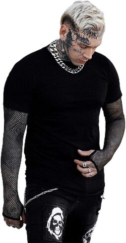 VampireFreaks Men's Layered Black Fishnet Sleeve Shirt in Saudi Arabia
