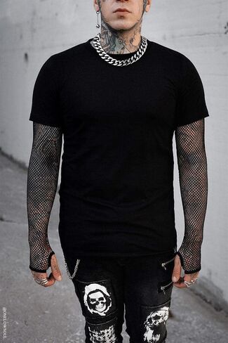 VampireFreaks Men's Layered Black Fishnet Sleeve Shirt in Saudi Arabia