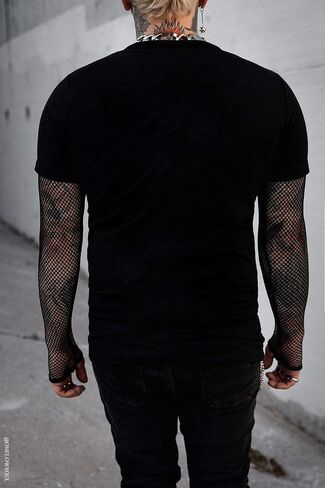 VampireFreaks Men's Layered Black Fishnet Sleeve Shirt in Saudi Arabia